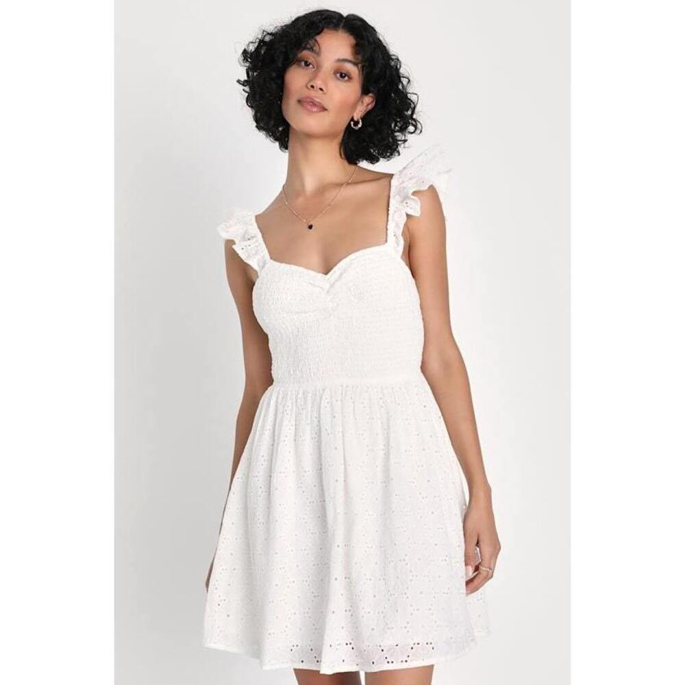 Lulus Sweetly Sincere White Ruffled Eyelet Embroidered Mini Dress - Size S